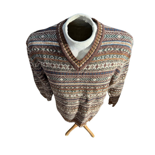 American Eagle Men’s Sweater Large Brown Multicolor Fair Isle Knit Vintage Y2K