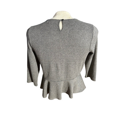 Lauren Ralph Lauren Gray Herringbone Peplum Top Women’s L 3/4 Sleeve Stretch
