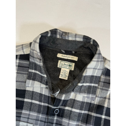 LL Bean Men Fleece Lined Flannel Shirt Jacket Black Gray Plaid Traditional Fit L