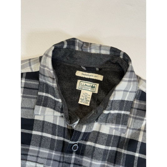 LL Bean Men Fleece Lined Flannel Shirt Jacket Black Gray Plaid Traditional Fit L