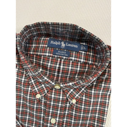 NWT Ralph Lauren Blake L Red Navy Plaid Button Down Dress Shirt 100% Cotton