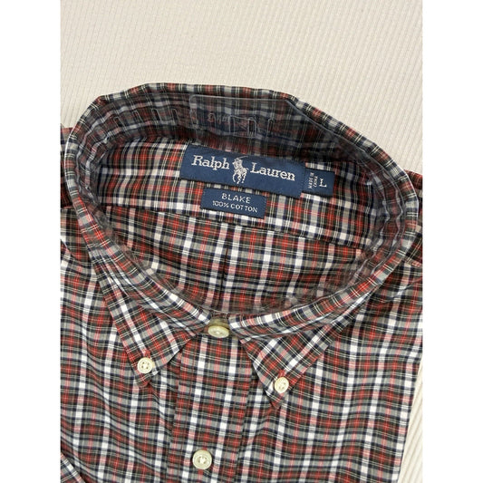 NWT Ralph Lauren Blake L Red Navy Plaid Button Down Dress Shirt 100% Cotton