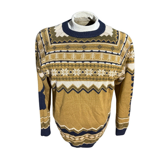 Dutch Bros Coffee Holiday Sweater Large Fair Isle Gold Blue Snowflake Knit