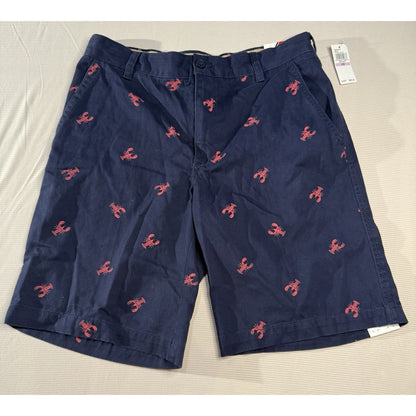 IZOD Men’s 32 Navy Lobster Print Flat Front Shorts Cotton Chino Preppy NWT