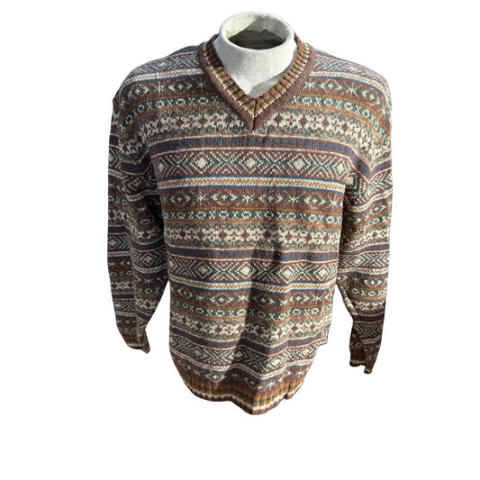 American Eagle Men’s Sweater Large Brown Multicolor Fair Isle Knit Vintage Y2K