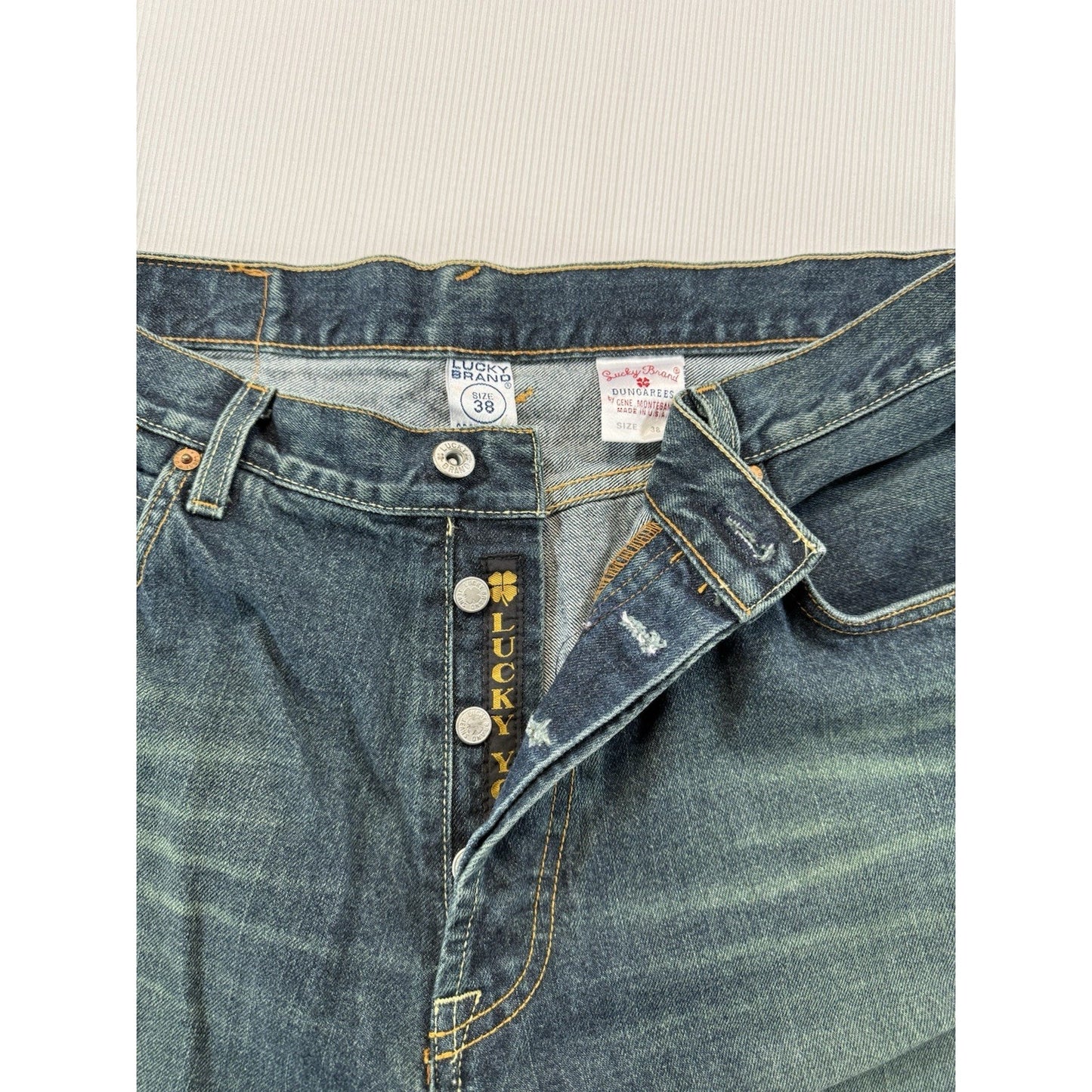 Lucky Brand Dungarees 38x30 USA Made Gene Montesano Vintage Button Fly Jeans
