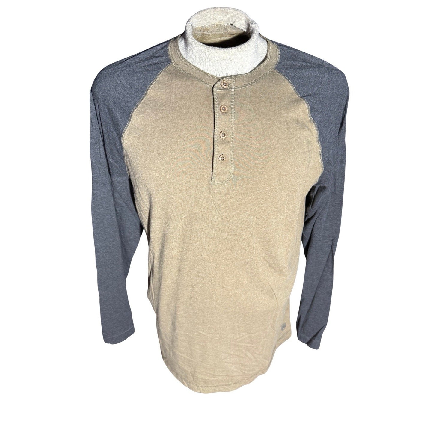 Solaris Men’s Henley Shirt Large Tan Gray Raglan Long Sleeve Casual