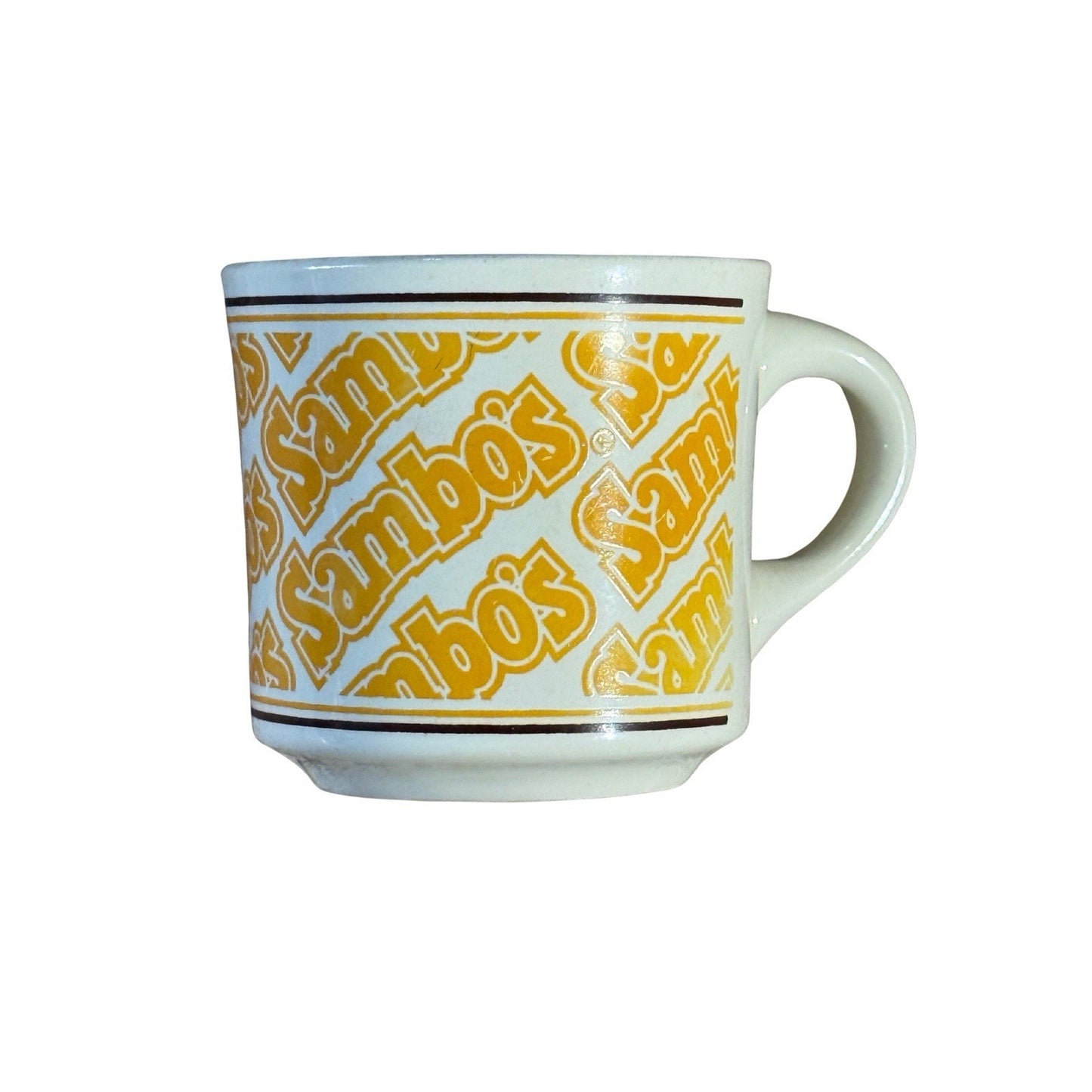 Vintage Sambo’s Restaurant Coffee Mug Diner Cup Heavy Ceramic Brown Stripe 1970s