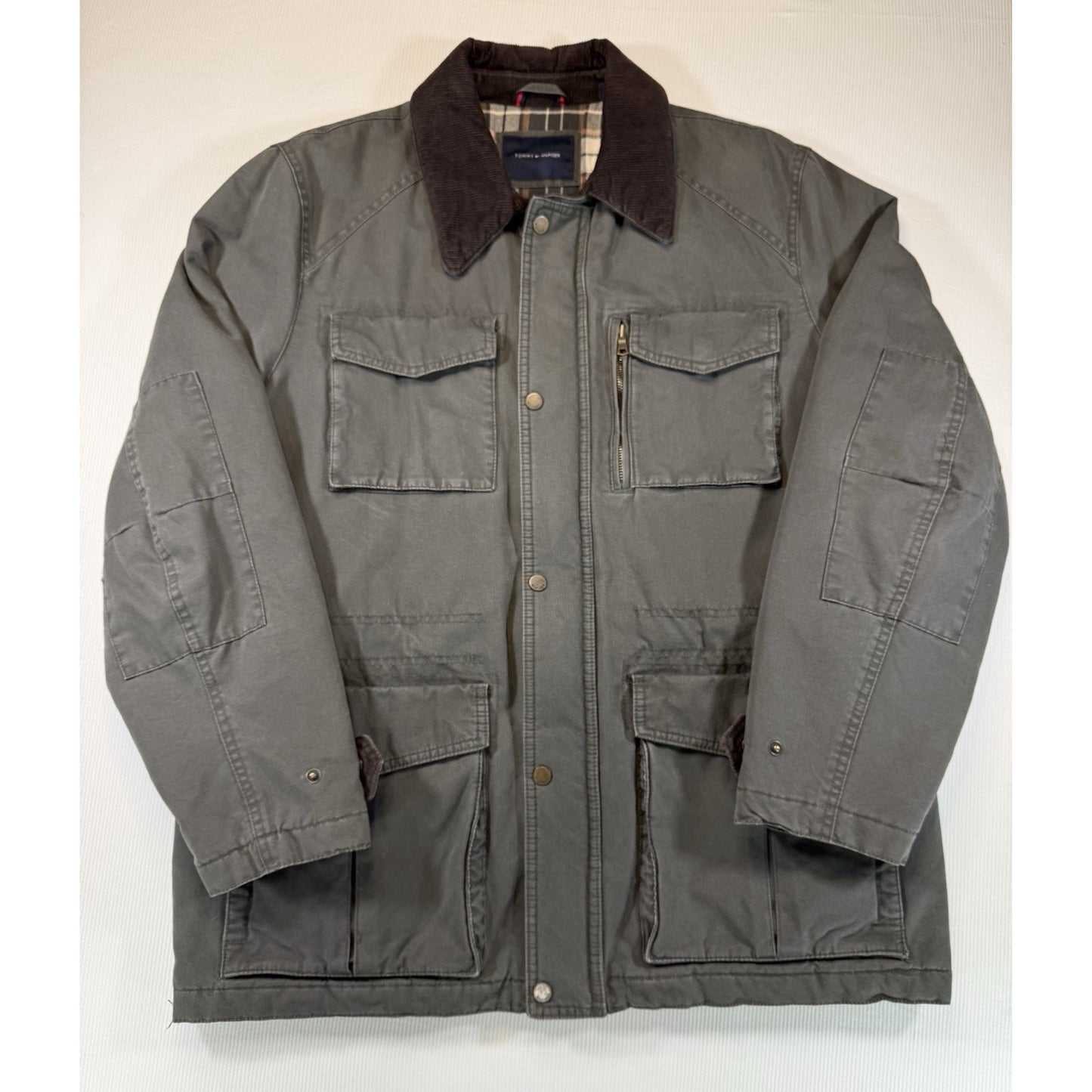 Tommy Hilfiger Jacket Mens XL Gray Corduroy Collar Plaid Lined Barn Field Coat