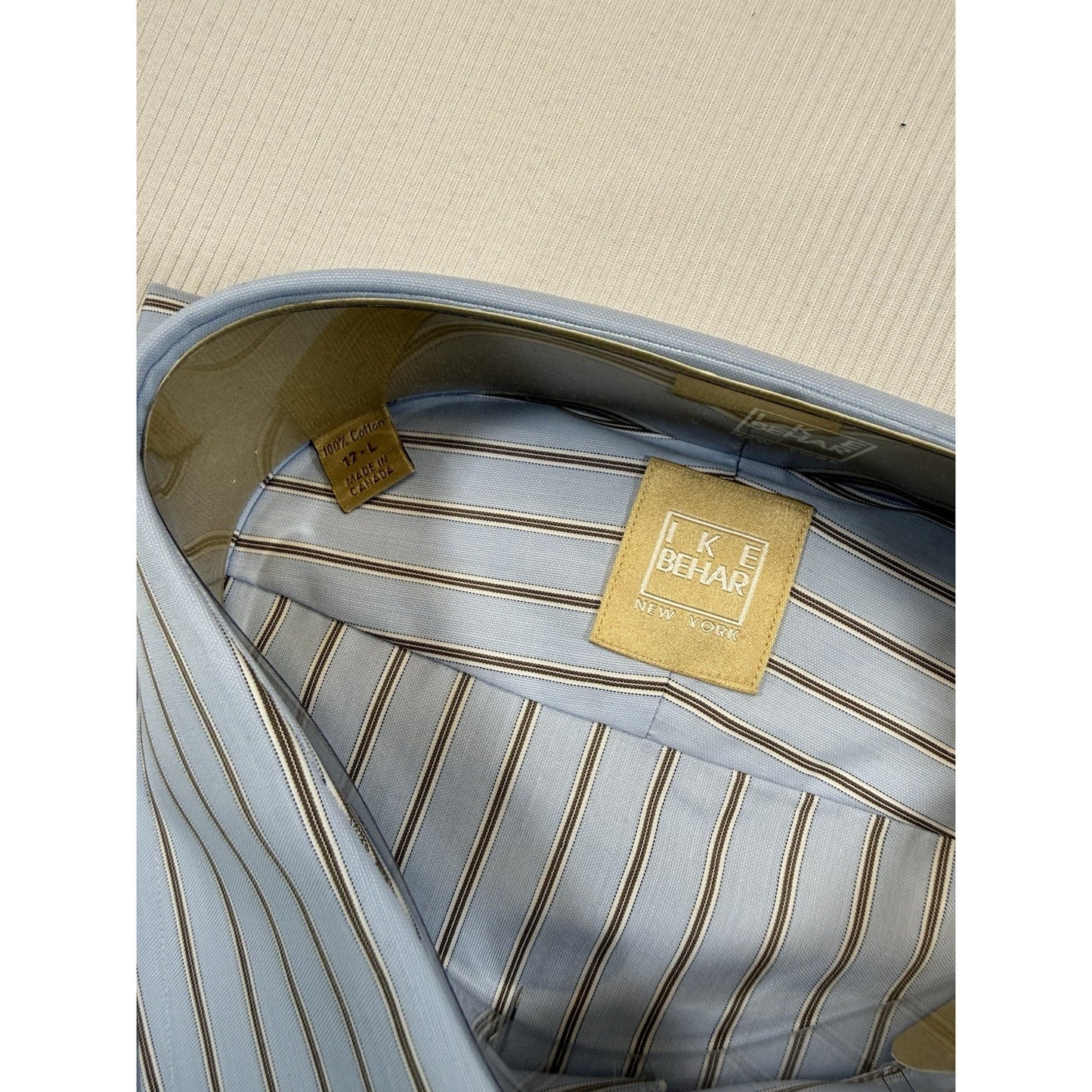Ike Behar New York 17 L Blue Brown Stripe Dress Shirt NWT Made Canada