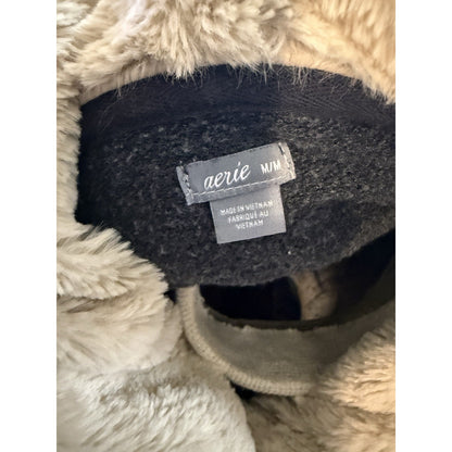 Aerie Women’s Medium Hoodie Black Pullover Sweatshirt Sherpa Faux Fur Lined