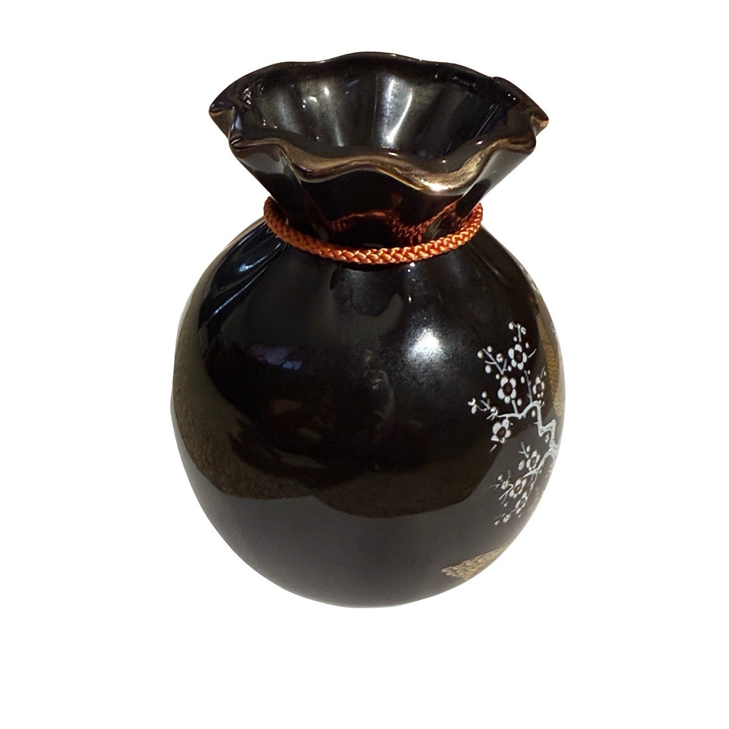 Vintage Japanese Bijutsu Toki Vase Peacock Peony Fortune Bag Black Enamel Japan