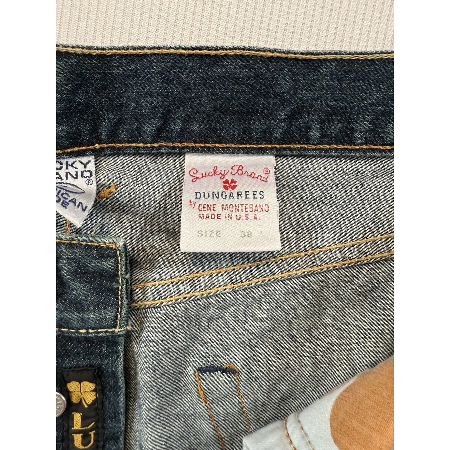 Lucky Brand Dungarees 38x30 USA Made Gene Montesano Vintage Button Fly Jeans