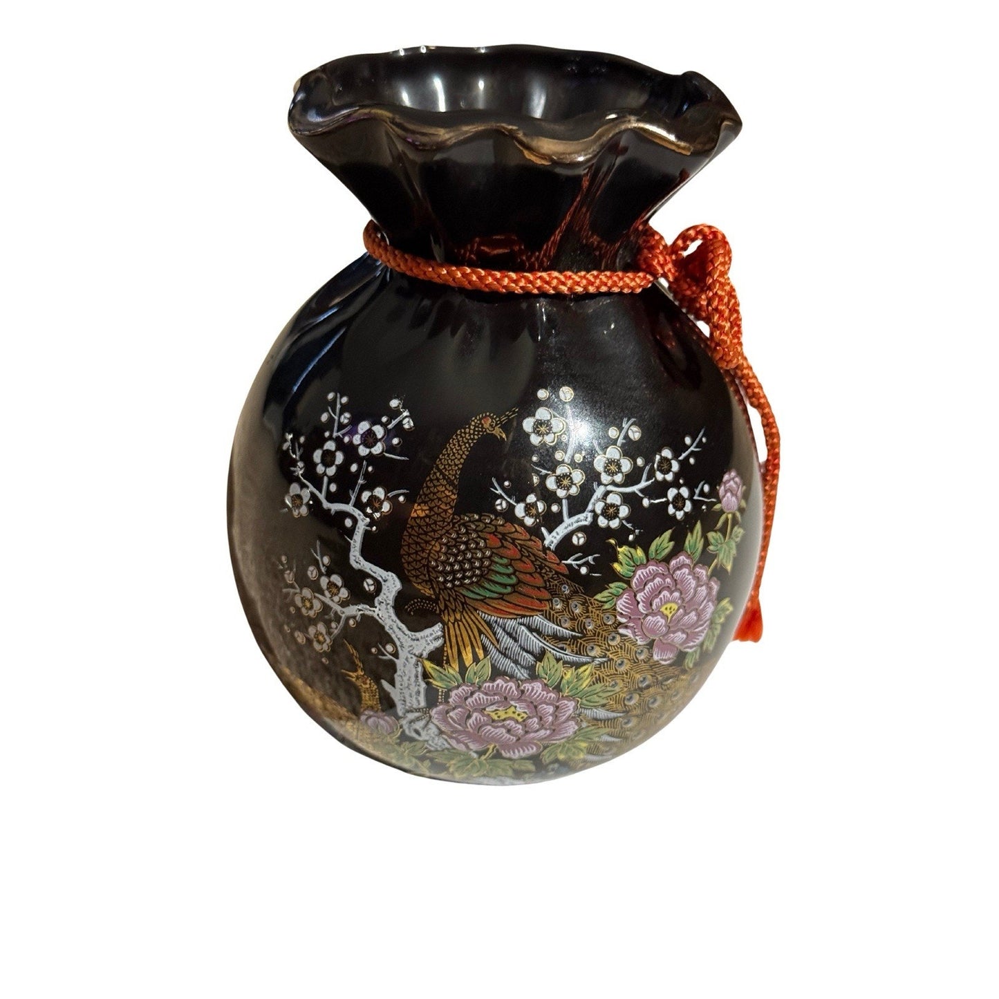 Vintage Japanese Bijutsu Toki Vase Peacock Peony Fortune Bag Black Enamel Japan