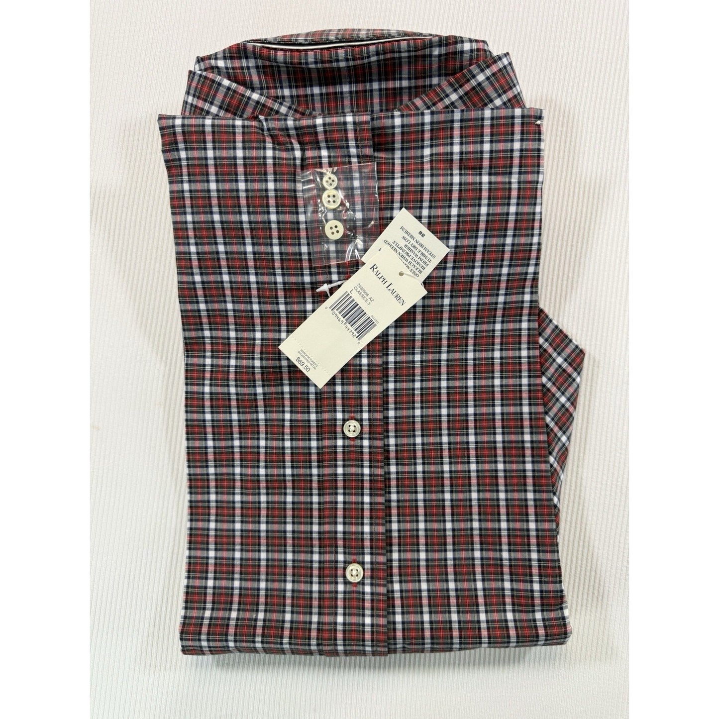 NWT Ralph Lauren Blake L Red Navy Plaid Button Down Dress Shirt 100% Cotton