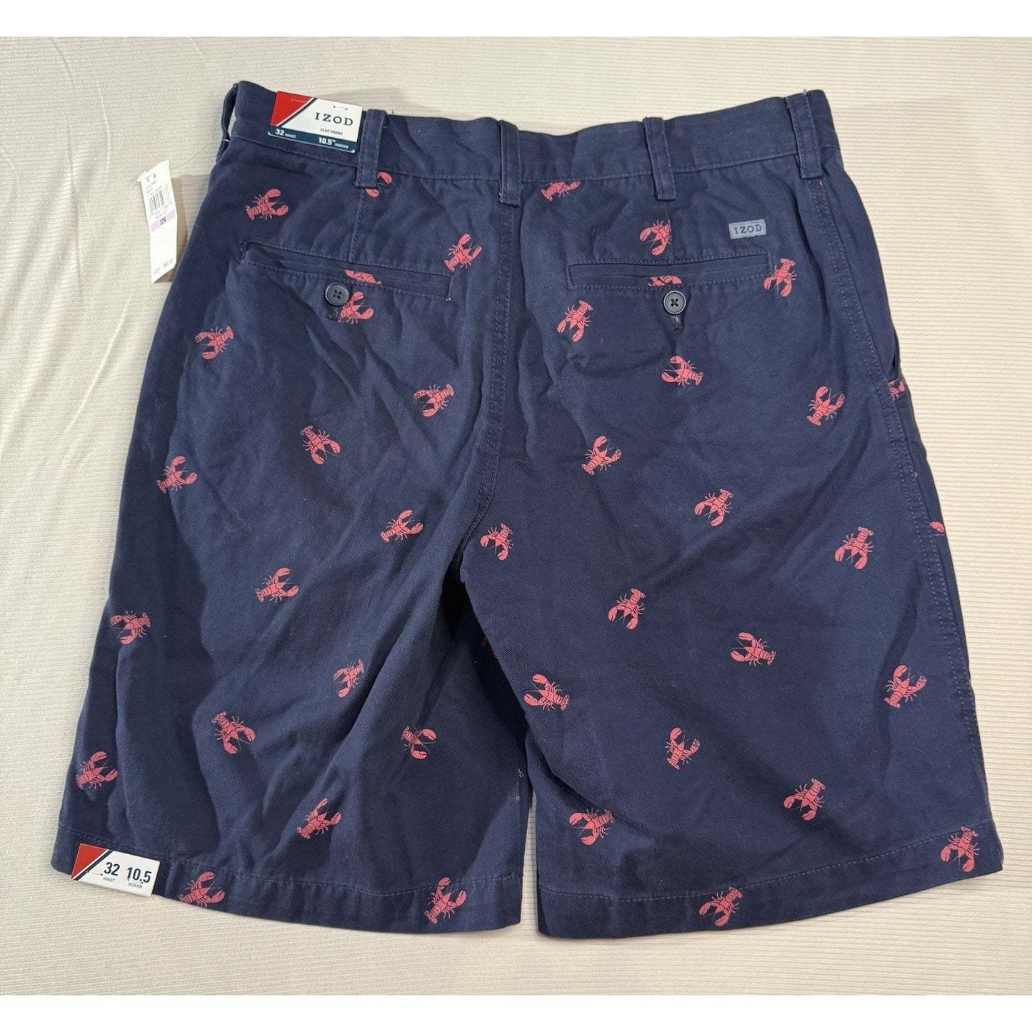 IZOD Men’s 32 Navy Lobster Print Flat Front Shorts Cotton Chino Preppy NWT