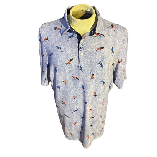 KJUS Men’s Golf Polo Shirt XL Blue Ski Print Performance UPF 50+ NWT