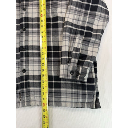 LL Bean Men Fleece Lined Flannel Shirt Jacket Black Gray Plaid Traditional Fit L