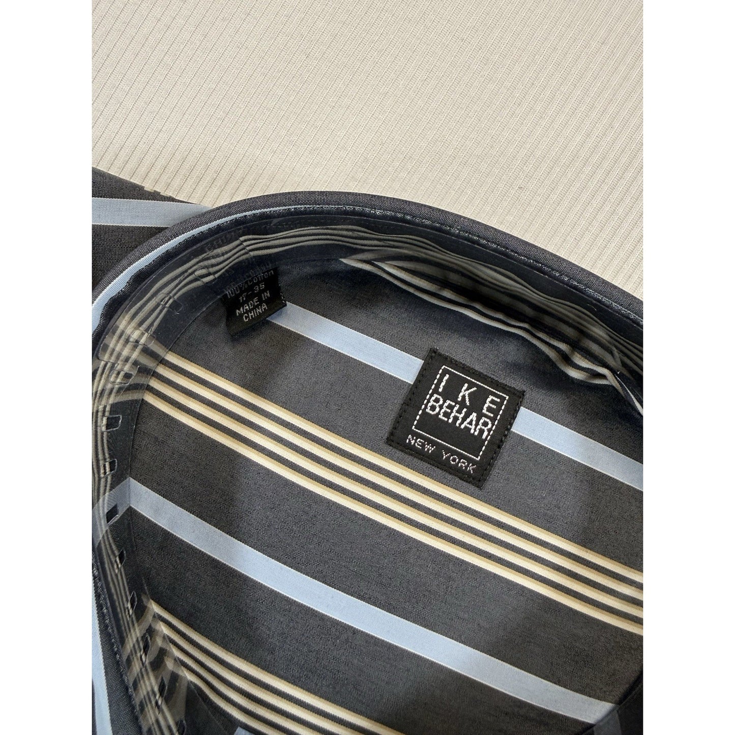 Ike Behar New York Dress Shirt 17 35 Charcoal Blue Stripe Cotton NWT