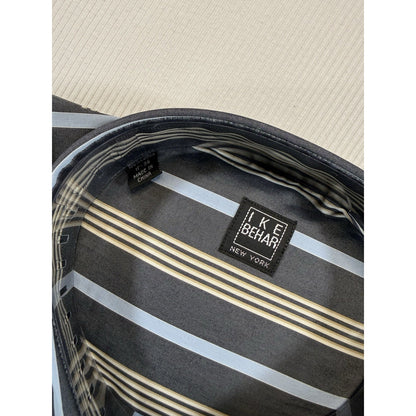 Ike Behar New York Dress Shirt 17 35 Charcoal Blue Stripe Cotton NWT