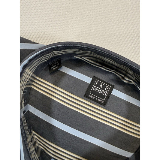 Ike Behar New York Dress Shirt 17 35 Charcoal Blue Stripe Cotton NWT