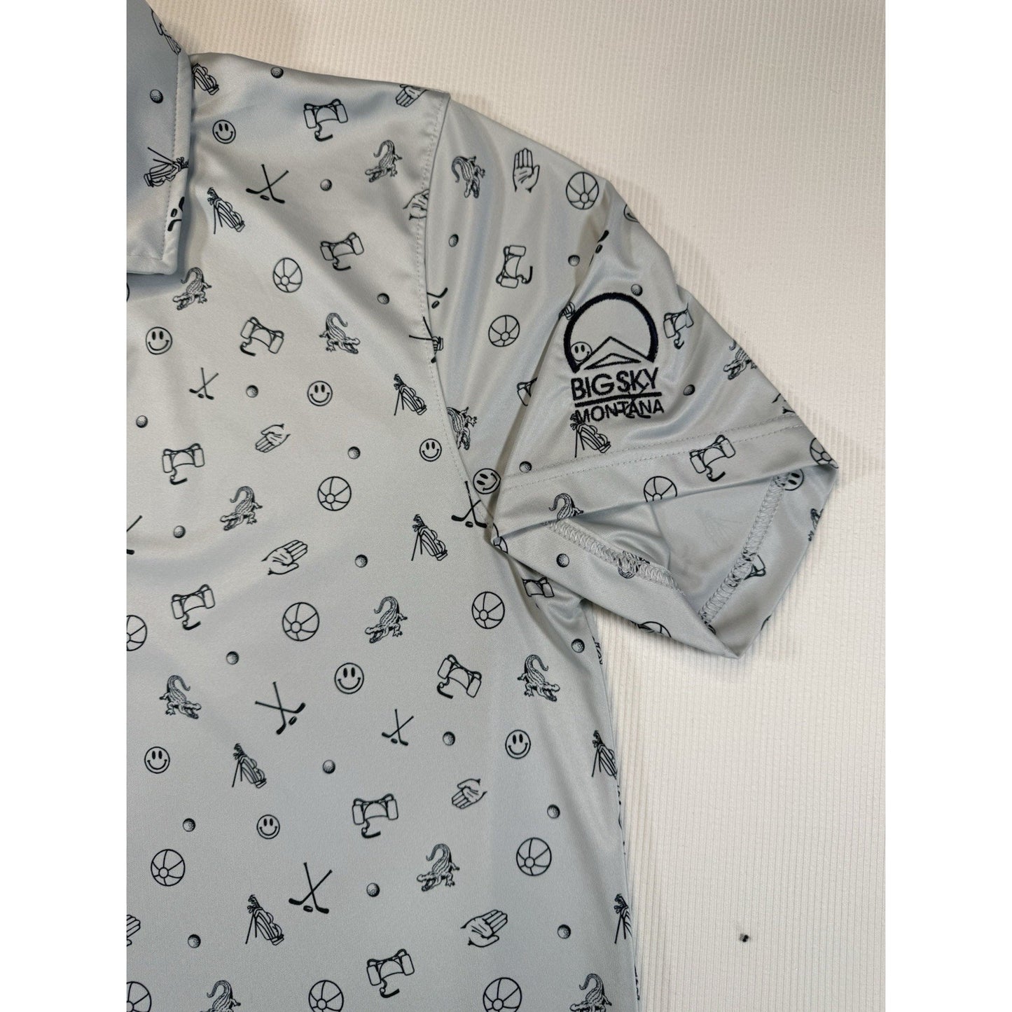 Swannies Golf Polo Shirt XL Big Sky Montana Gray Print Performance Polo