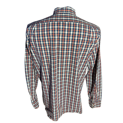 J.Crew Flex Men’s Large Plaid Button-Down Shirt Blue Orange Cotton Stretch