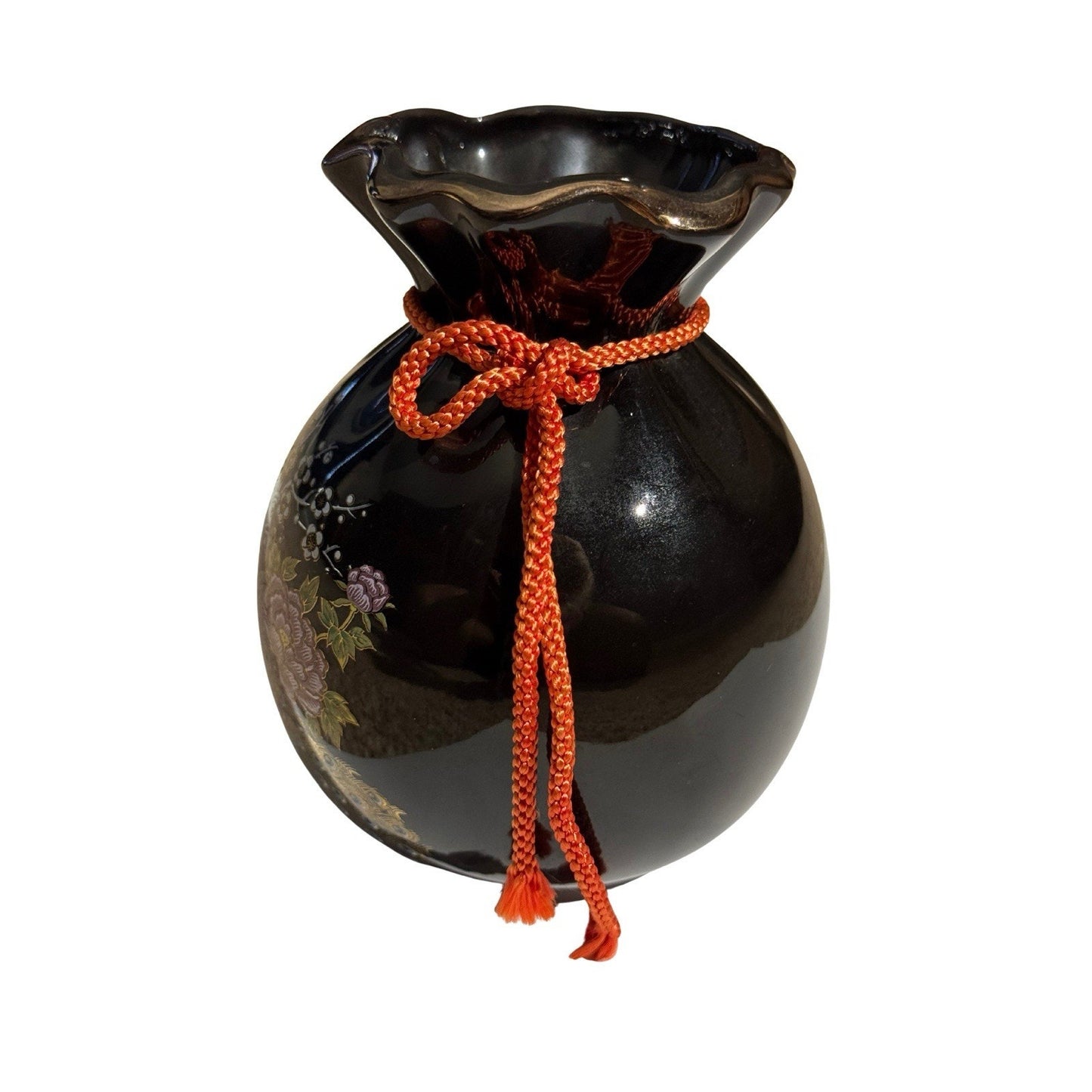 Vintage Japanese Bijutsu Toki Vase Peacock Peony Fortune Bag Black Enamel Japan