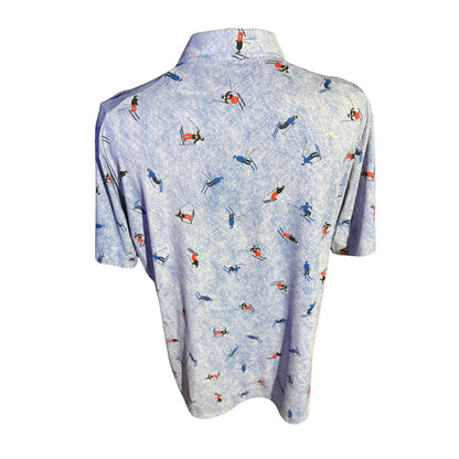 KJUS Men’s Golf Polo Shirt XL Blue Ski Print Performance UPF 50+ NWT