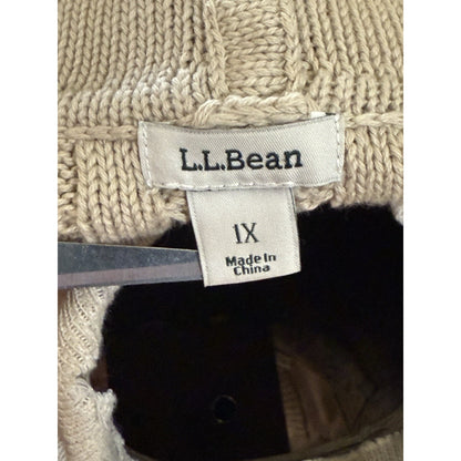 LL Bean Sweater Womens Size 1X Cable Knit Full Zip Hooded Long Sleeve Beige