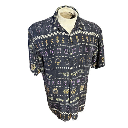 Burma Bibas 100% Silk Shirt Men’s M Black Casino Gambling Print Short Sleeve VTG