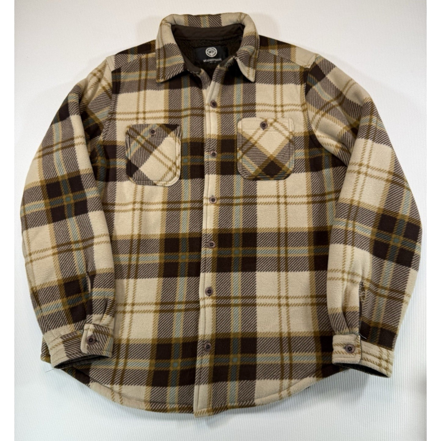 Weatherproof Vintage Men's Sherpa Lined Plaid Flannel Shacket Jacket Tan / Brown