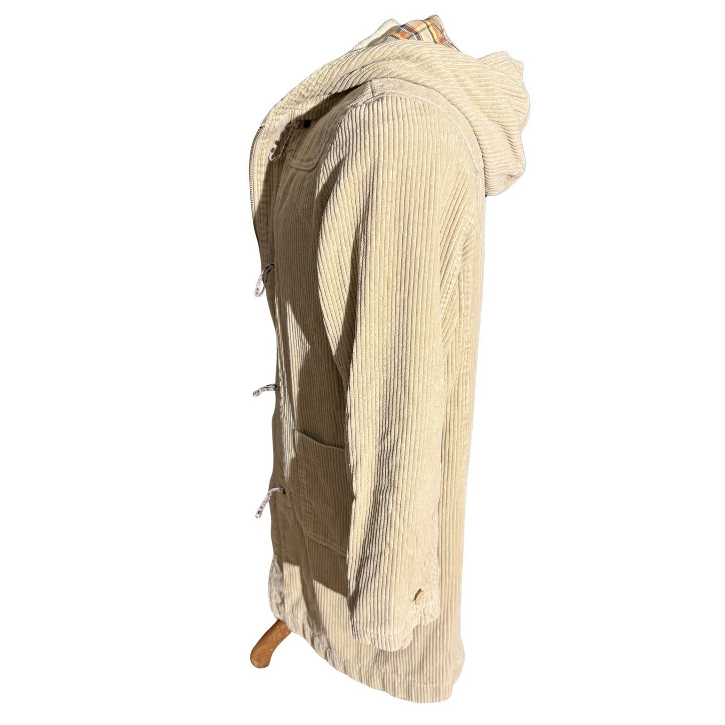 American Eagle Women’s Corduroy Toggle Coat Plaid Lined Hooded Jacket Beige L