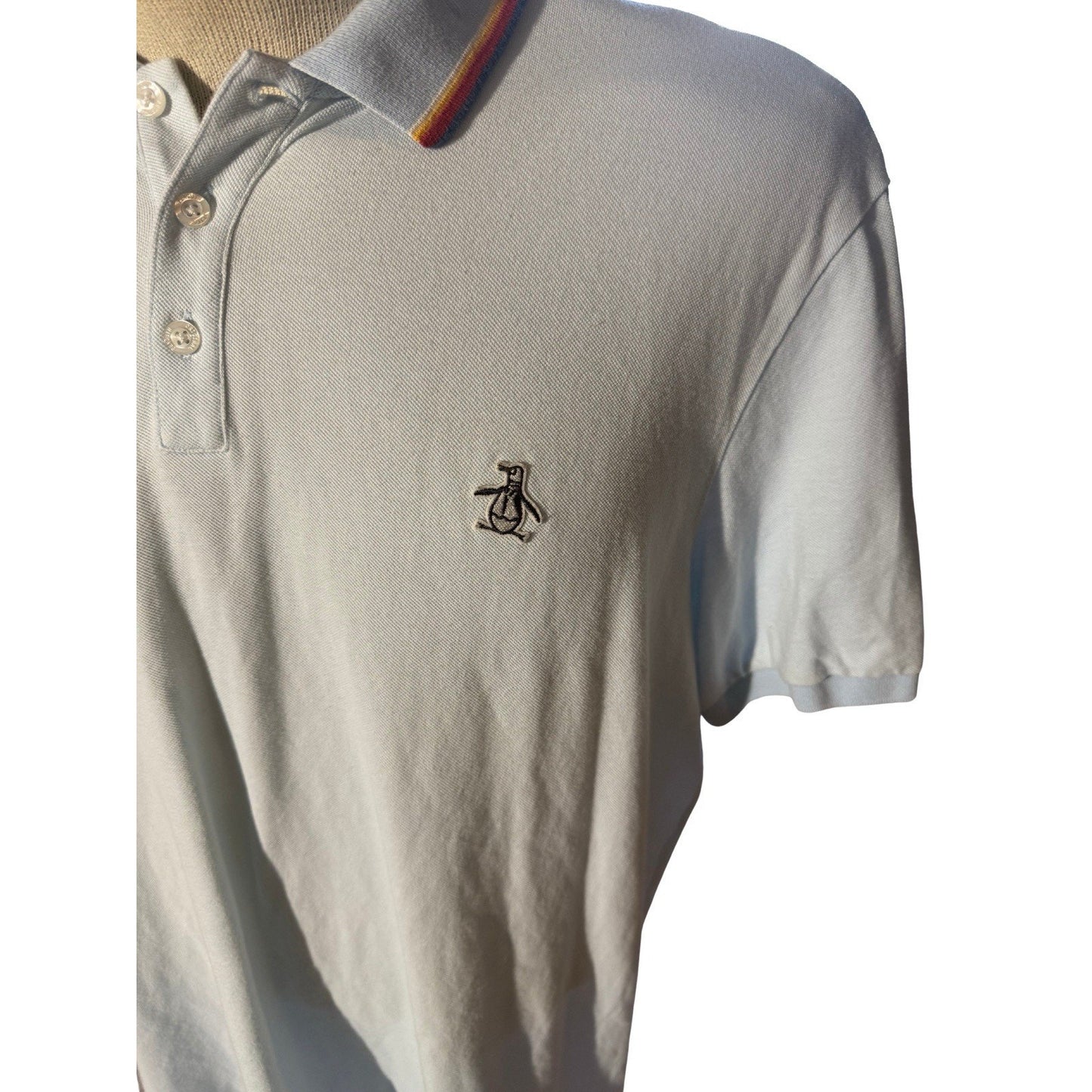 Original Penguin Polo Shirt XXL Light Blue Rainbow Collar Cotton Logo Penguin