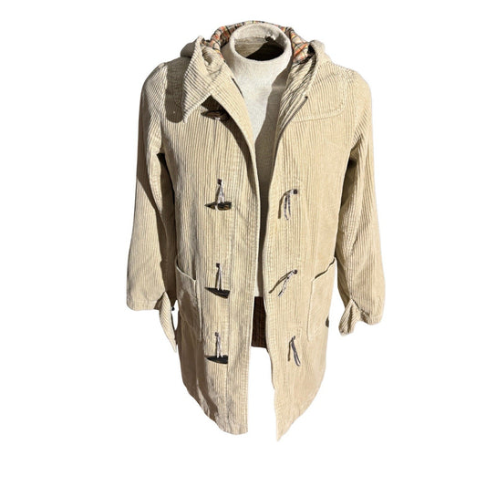 American Eagle Women’s Corduroy Toggle Coat Plaid Lined Hooded Jacket Beige L