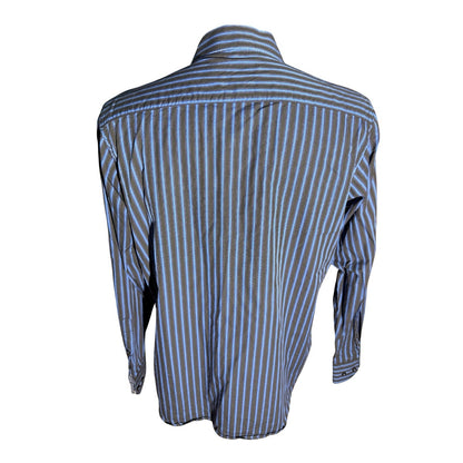 Bugatchi Uomo Men’s Dress Shirt Blue Black Stripe Geometric Trim Cotton M