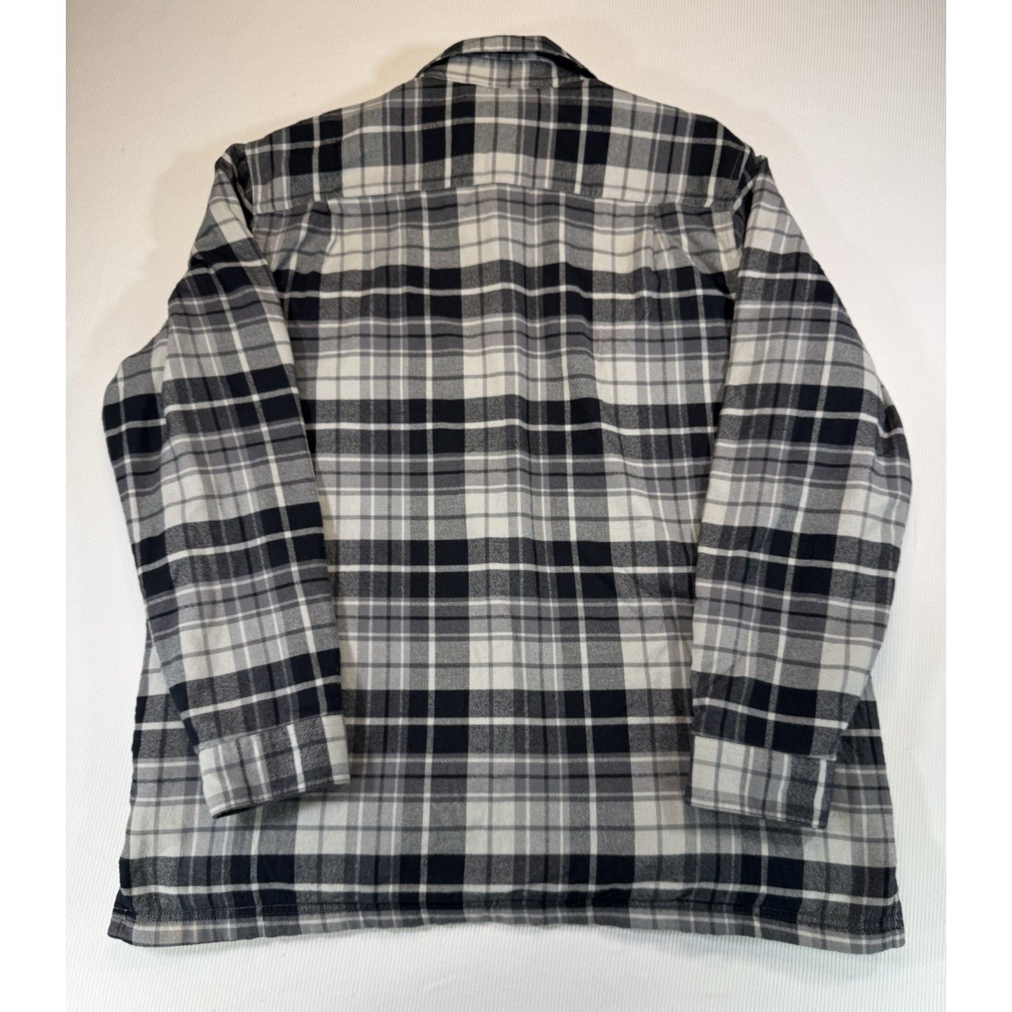 LL Bean Men Fleece Lined Flannel Shirt Jacket Black Gray Plaid Traditional Fit L
