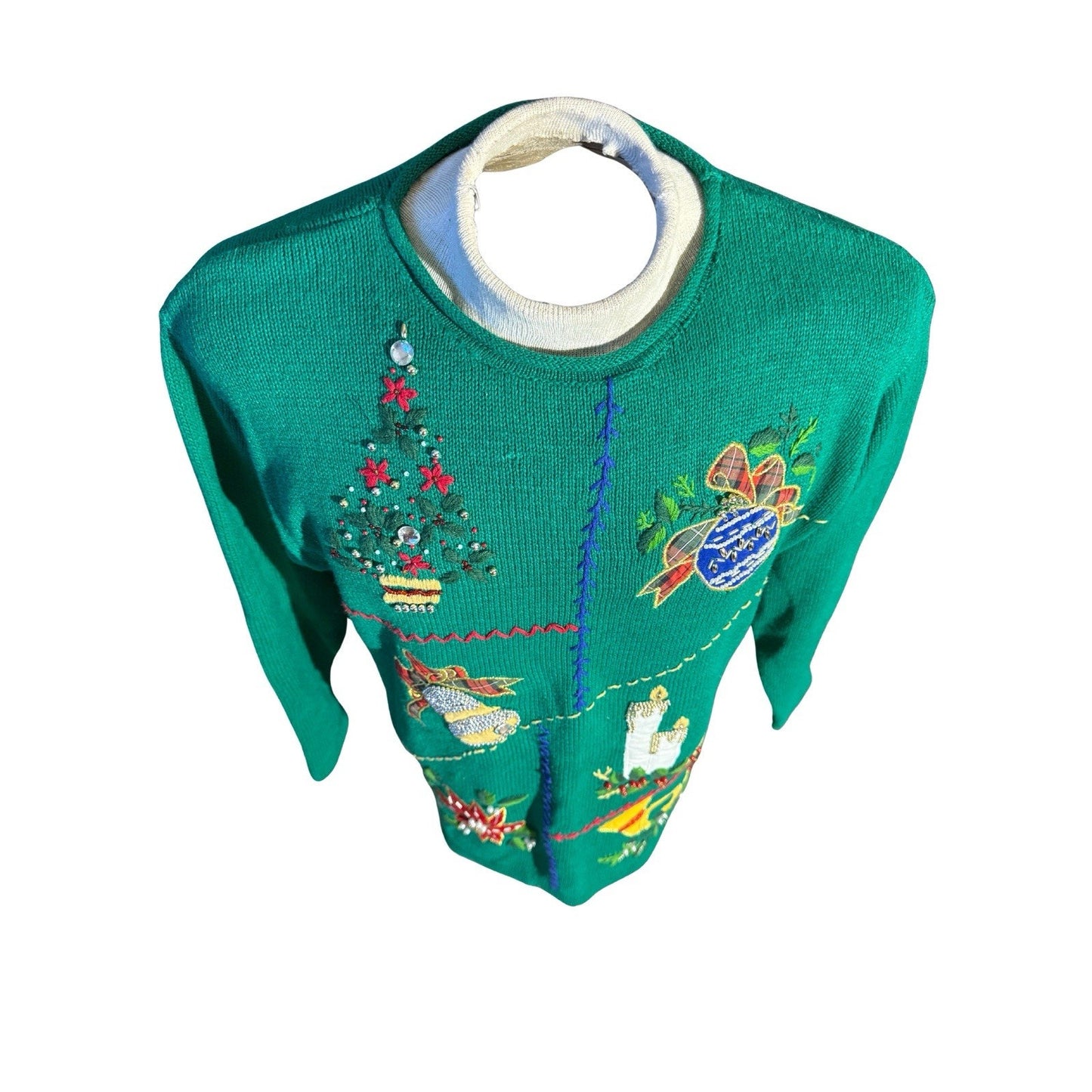 Victoria Jones Women’s Large Christmas Sweater Green Beaded Embellished Holiday