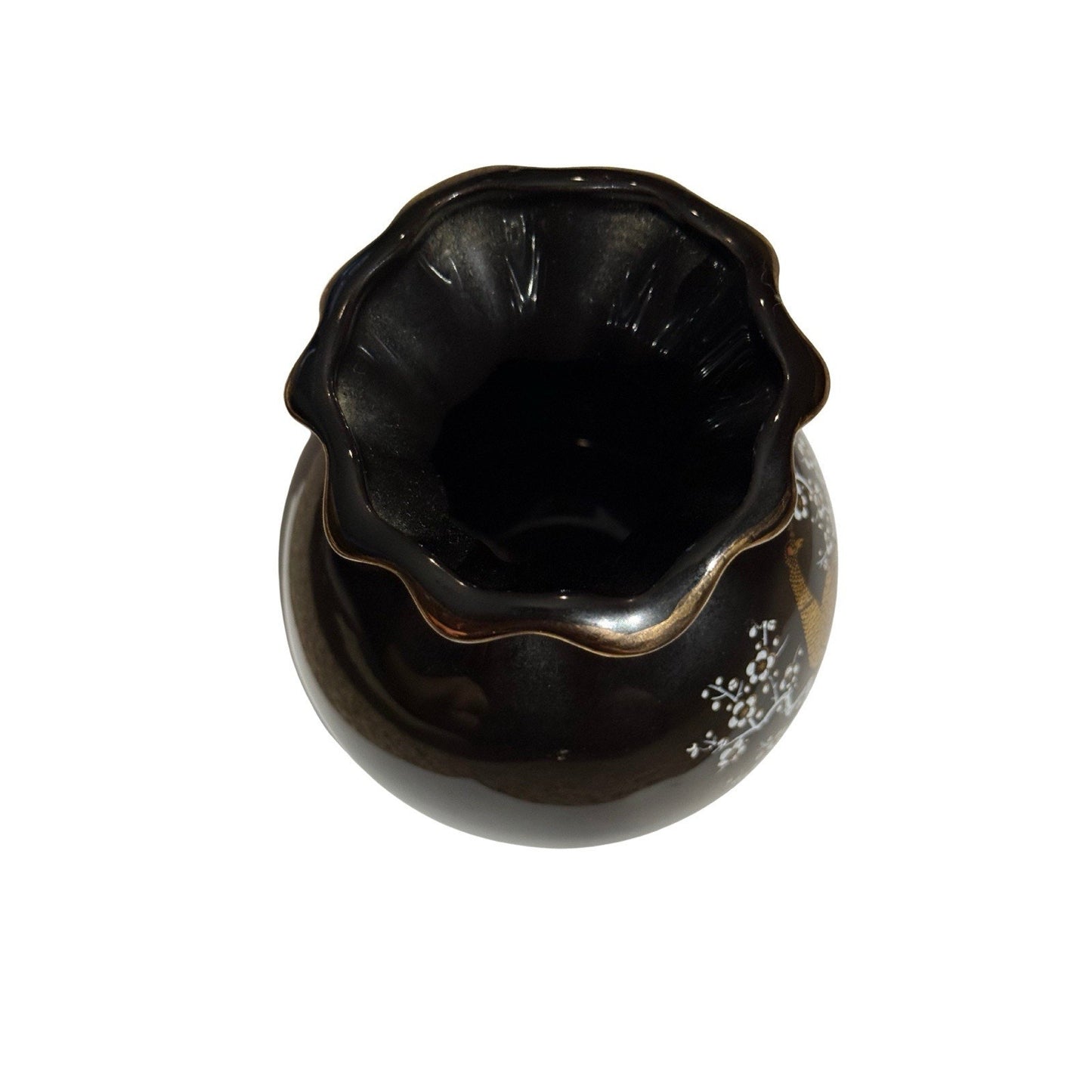 Vintage Japanese Bijutsu Toki Vase Peacock Peony Fortune Bag Black Enamel Japan