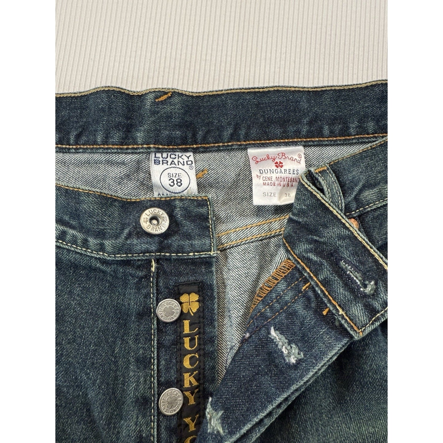 Lucky Brand Dungarees 38x30 USA Made Gene Montesano Vintage Button Fly Jeans
