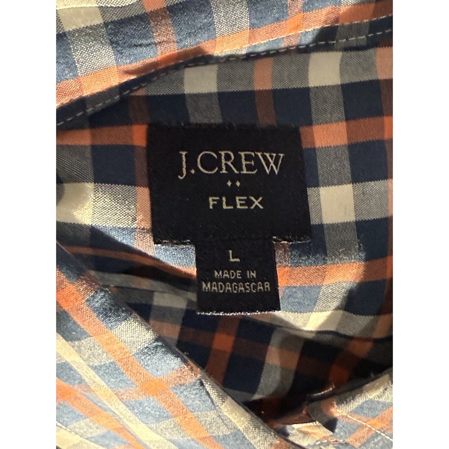 J.Crew Flex Men’s Large Plaid Button-Down Shirt Blue Orange Cotton Stretch