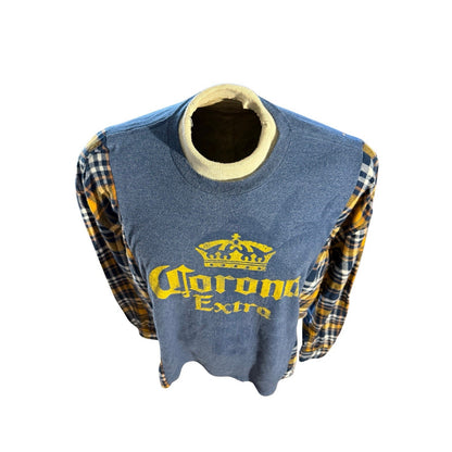 Corona Extra Beer Logo Flannel Sleeve Shirt Blue Yellow Plaid Men’s M Licensed