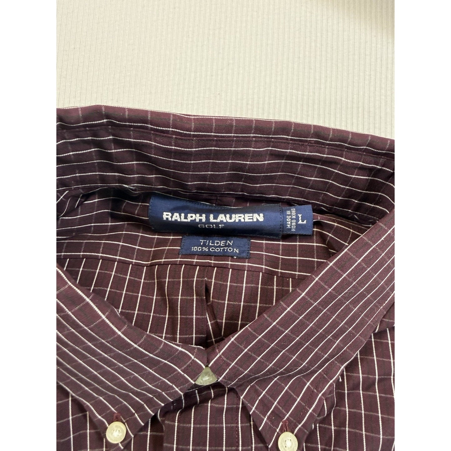 NWT Ralph Lauren Golf Tilden L Burgundy Windowpane Button Down Shirt 100% Cotton