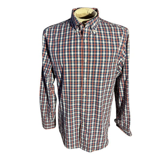 J.Crew Flex Men’s Large Plaid Button-Down Shirt Blue Orange Cotton Stretch