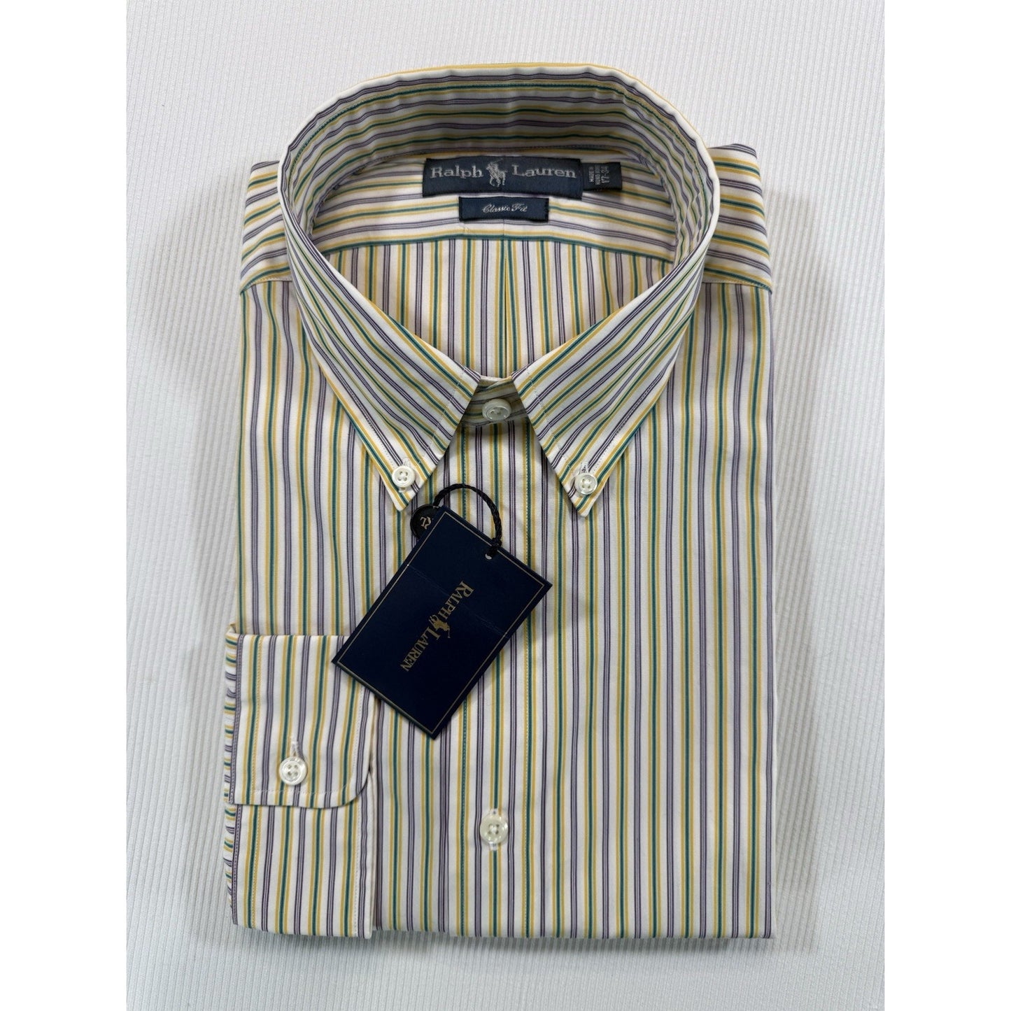 Ralph Lauren Classic Fit Dress Shirt 17.5 34 Stripe Button Down NWT