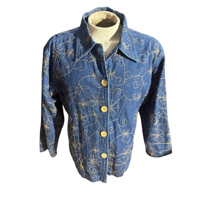 New Directions XL Denim Shirt Jacket Floral Embroidered Button Front Blue