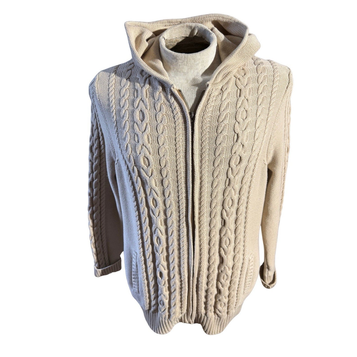 LL Bean Sweater Womens Size 1X Cable Knit Full Zip Hooded Long Sleeve Beige