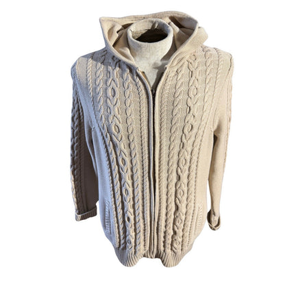 LL Bean Sweater Womens Size 1X Cable Knit Full Zip Hooded Long Sleeve Beige