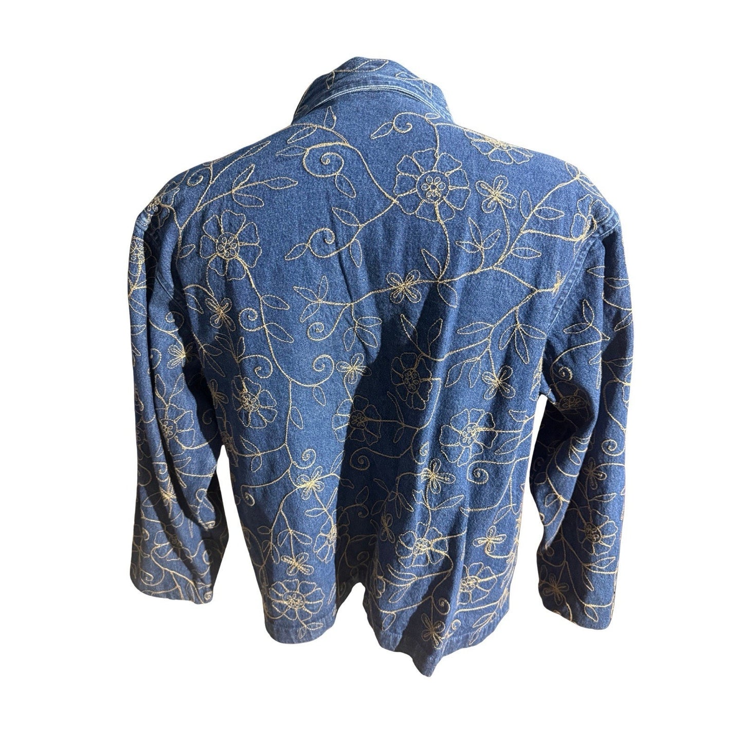 New Directions XL Denim Shirt Jacket Floral Embroidered Button Front Blue