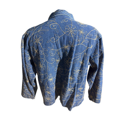 New Directions XL Denim Shirt Jacket Floral Embroidered Button Front Blue